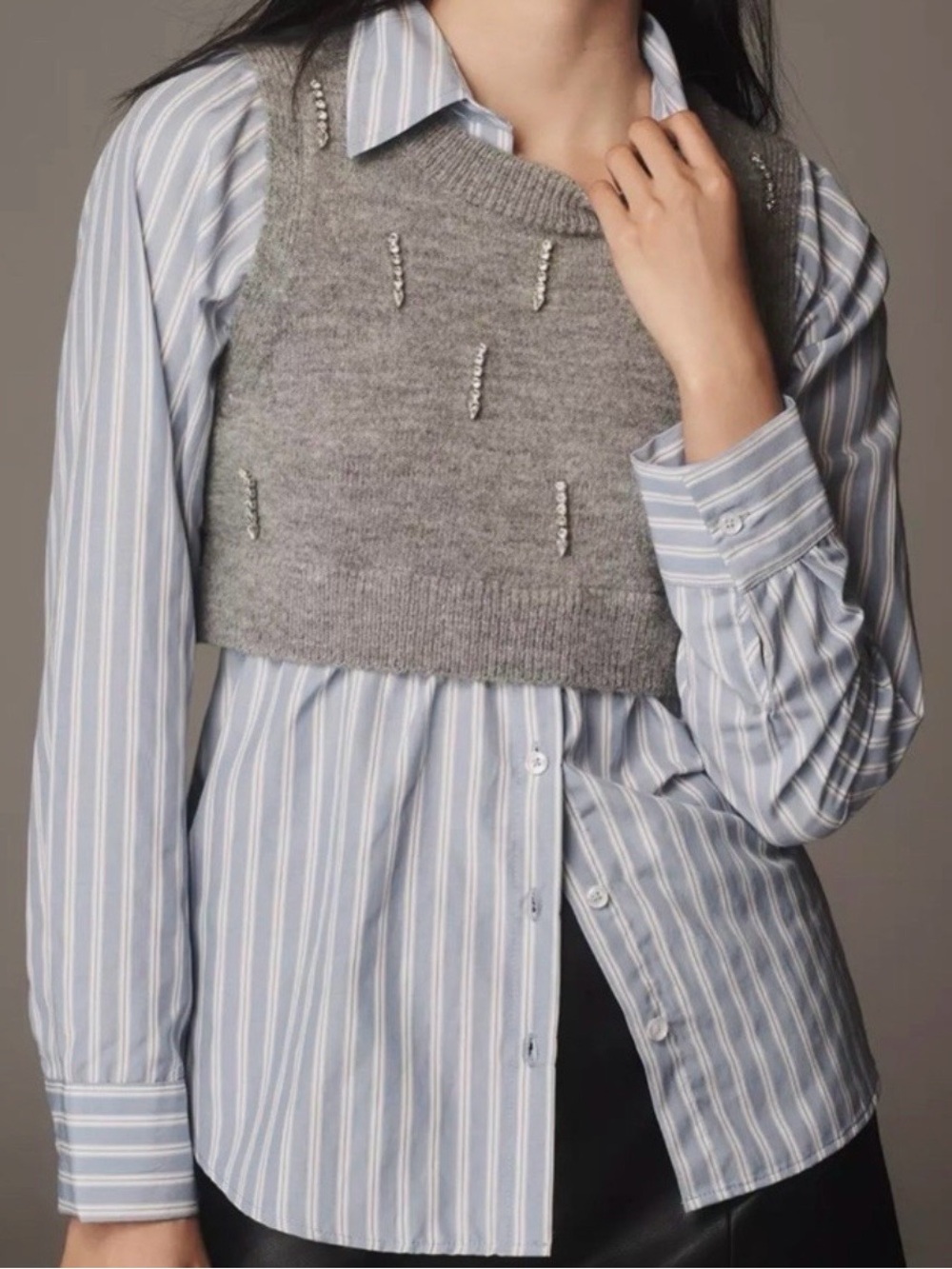 Maeve Gray Knit Vest with Blue Striped Collar Detail